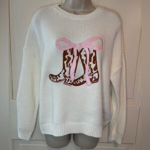 Chic White Sweater with Pink and Brown Boot Design